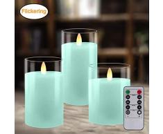 LED Kerzen 3er Pack, Flammenlose Kerzen, Flackernde Kerzen, Batteriebetriebene Kerze Echtwachs Stumpenkerze mit Zeitschaltuhr Fernbedienung für Haus Dekoration Hochzeit Deko, 10cm/12,5cm/15cm (Blau)