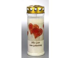 Grablicht,Grabkerze Herzen, Alles Gute zum Geburtstag - Brenndauer ca. 7 Tage, 20x7,5 cm - 3844 - Grabkerze, Ttrauerkerze mit Motiv und Spruch - Qualitäts-Grablicht mit Deckel als Wetterschutz