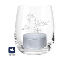 4you Design Leonardo Windlicht zur Geburt/Taufe (personalisiert mit dem Namen des Kindes + Datum) Teelichtleuchter, Glaswindlicht, Geschenkidee, Geschenk, Gastgeschenk, Dekoration, Kerze, Deko, Baby
