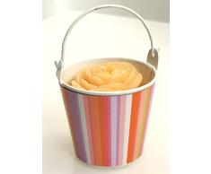 Salco Kerze in Rosenform, in weißem Metalleimer mit Gestreiftem Wrapper