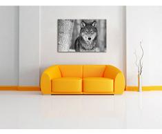wunderschöner wachsamer Wolf schwarz/weiß Format: 120x80 auf Leinwand, XXL riesige Bilder fertig gerahmt mit Keilrahmen, Kunstdruck auf Wandbild mit Rahmen, günstiger als Gemälde oder Ölbild, kein Poster oder Plakat