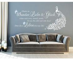 tjapalo® pkm490 wandtattoo wohnzimmer spruch zitate Wandsticker glaube Wandtattoo glaube an wunder liebe und glück Pfau mit glitzer Kristallen viele Farben, Farbe: Schwarz, Größe: B58xH24cm