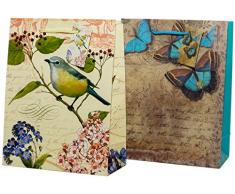 Geschenktüten Floral Vintage | Frühling: Vogel + Schmetterling | 12 Stück, 18 x 23 x 8 cm, Geschenktaschen Geburtstag | Tüten für Geschenke