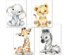 artpin® 4er Set Bilder Babyzimmer Deko Junge Mädchen - DIN A4 Poster Kinderzimmer Baby Dschungel Tiere - Safari Afrika Wandbilder - Elefant Tiger Giraffe Zebra P60