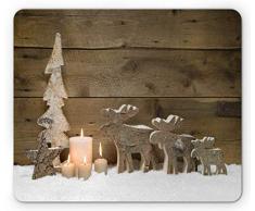 Büro Mausmatte,Matte Mit Genähten Kanten,Spiel Mauspad,Mousepads Für Computer,Weihnachts-Mauspad,Schneebedeckter Hölzerner Weihnachtsbaum Und Rentier Mit Kerzen-Foto-Mauspad,Sepia White Pale Peach
