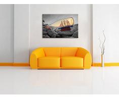 Schiff in Flasche am Steinstrand schwarz/weiß Format: 120x80 auf Leinwand, XXL riesige Bilder fertig gerahmt mit Keilrahmen, Kunstdruck auf Wandbild mit Rahmen, günstiger als Gemälde oder Ölbild, kein Poster oder Plakat