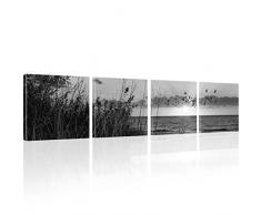 Bild auf Leinwand Sonnenuntergang Wandbild Strand Kunstdruck Natur - 180x45 cm 4-Teilig: Schwarz-weiss