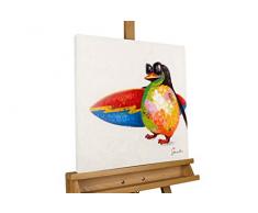 KunstLoft® Gemälde Surfers Paradise 50x50cm | handgemalt | Tier Pinguin Bunt Surfen Surfbrett Meer Strand Weiß | signiertes Wandbild-Unikat | Acrylgemälde auf Leinwand | Acrylbild auf Keilrahmen
