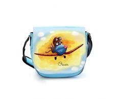 ilka parey wandtattoo-welt® Kindergartentasche Kindertasche Umhängetasche Schultertasche Tasche Flugzeug Doppeldecker mit Eule und Wunschnamen kgt23
