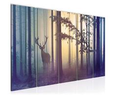 Bilder Wald Hirsch Wandbild 200 x 80 cm - 5 Teilig Vlies - Leinwand Bild XXL Format Wandbilder Wohnzimmer Wohnung Deko Kunstdrucke Blau - MADE IN GERMANY - Fertig zum Aufhängen 013455a