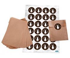 Geschenktüten-Set: 24 braune flache Papiertüten (10,5 x 15 cm) und 24 Aufkleber Sticker (4 cm) weiß Hase Frohe Ostern für Oster-Nester, Geschenktüten, Mitgebsel oder zum Dekorieren und Schmücken