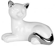 dekojohnson Katzenfigur Dekofigur liegende Katze Keramikkatze Katzenjunge Tierdekoration Tierfigur Gartenfigur Stubentiger 18cm weiß Silber