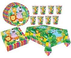 Libetui Set 37 Teile Geschirr Set Dschungel Kindergeburtstag Tiere Geschirrset Happy Birthday Deko Becher Teller Dschungel Geschirr-Set für bis zu 8 Kinder