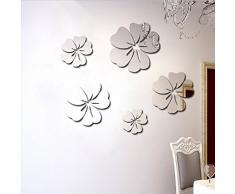 Toifucos Spiegel Wandaufkleber, DIY 3D Hibiskus Blume Spiegel Wandtattoo Entfernbar Wandsticker, 5 pcs Hibiskus Blume (Silber)