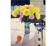 Leinwandbild 70 x 90 cm: Stilleben mit Chrysanthemen in einer Vase von Edward Wadsworth / Bridgeman Images - fertiges Wandbild, Bild auf Keilrahmen, Fertigbild auf echter Leinwand, Leinwanddruck