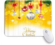 Dekoratives Gaming-Mauspad,Weihnachtsanhänger Ornamente Bunte Kugeln Eierdruck Schneeflocken Gelber Hintergrund,Bürocomputer-Mausmatte mit rutschfester Gummibasis
