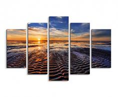 Bilderskulptur 5 teilig Breite 150cm x Höhe 100cm Landschaftsfotografie – Ebbe bei Sonnenuntergang auf Leinwand exklusives Wandbild moderne Fotografie für ihre Wand in vielen Größen
