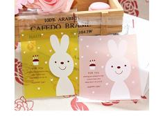 Miya® 50er Set liebvolle selbstklebende OPP Tütchen 10x10cm+Klappe 4cm, Adhäsionsverschluss Beutel, Keks Kuchen Gebäck Verpackung Tüten, Cupcake Süßigkeiten Packsack, Geschenk Verpackung, DIY Deko, Form1 Süße Hase