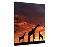 Wandbild - Giraffen im Sonnenuntergang - Bild auf Leinwand - 50x60 cm einteilig - Leinwandbilder - Tierwelten - Afrika - Silhouetten von Giraffen in der Steppe