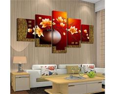 ZKPWLHS Leinwanddrucke Retro Klassische Moderne Chinesische Porzellan Blume Flaschenvase 5 Stücke Leinwand Malerei Wanddekoration [B] Mit Rahmen