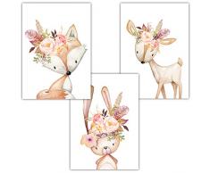 Frechdax® 3er Set Kinderzimmer Babyzimmer Poster Bilder DIN A4 | Mädchen Junge Deko | Dekoration Kinderzimmer | Waldtiere REH Fuchs Hase (3er Set Blumen, Fuchs, Hase, REH)