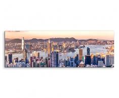 Eau Zone GmbH Kunstdruck auf Leinwand 150x50cm Urbane Fotografie – Sonnenaufgang über Dem Victoria Harbour