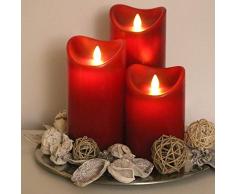 Tronje LED Echtwachskerzen 3er Set mit Timer u. Fernbedienung 15/19/23cm Kerzen mit beweglicher Flamme 1000 Std. Leuchtdauer Rot