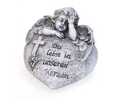 Deko Engel Figur Schutzengel Grabengel Trauernd an Herz 11,5 x 8 cm, Polystein Steinoptik Grau, Dekoengel Grabschmuck Trauerspruch Engelkind Grabstein