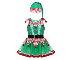iixpin Mädchen Elfen-Kostüm Weihnachtskostüm - Xmas Elf Outfit Wichtel Weihnachtself Kostüm Glitzer Trikot Kleid mit Mütze - Cosplay Verkleidung Grün 104-110