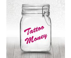 Tattoo Spardose - Spare Geld für Dein Nächstes Tattoo - Tattoo Money Sparbüchse aus Glas mit Bügelverschluss (Tattoo Money - Pink)