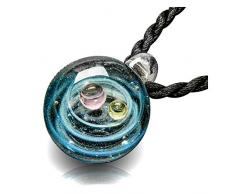 CrystalTears Fantasie Damen Herren Blogger Collier Halskette Universum Galaxie Nebel Planet Kugel Anhänger aus Lampwork Glas mit Schwarz Geflochten Hals Seil (Blau Zwei Planeten)