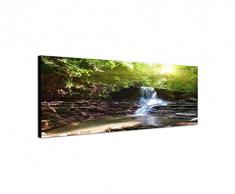 Panoramabild auf Leinwand und Keilrahmen 150x50cm Wald BÃ¤ume Wasserfall Bach Sonnenlicht