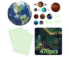 470 Stück Leuchtaufkleber Wandaufkleber mit Sonnensystem & 9 Planeten,Wandsticker für Kinderzimmer & Selbstklebende Leuchtsterne & Leuchtpunkt für Sternenhimmel,Fluoreszierend Leuchtsticker Wandtattoo