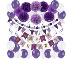 Zerodeco Geburtstagsdeko, Happy Birthday Wimpelkette Banner Girlande mit Pompoms Papier Girlande Fans Fächer Dreieckige Wimpel Spiral Girlanden und Luftballon - Violett