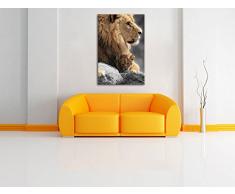 Löwe beschützt sein Löwenbaby schwarz/weiß Format: 100x70 auf Leinwand, XXL riesige Bilder fertig gerahmt mit Keilrahmen, Kunstdruck auf Wandbild mit Rahmen, günstiger als Gemälde oder Ölbild, kein Poster oder Plakat
