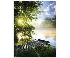 Artland Glasbilder Wandbild Glas Bild einteilig 60x80 cm Hochformat Natur Landschaft Wald Baum Ufer See Steg Sommer Sonne Gräser T0WD