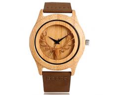 Bambus-Holzuhr, Herren, Hirschkopf, echtes Lederband, Naturholz, Bambus-Armbanduhr