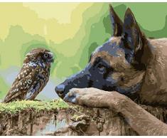 Safiman Malen Nach Zahlen Erwachsene,DIY Leinwand-Ölgemälde Geschenk Für Erwachsene Kinder Erwachsene Anfänger Kits Home Haus Deko-Eule Und Hund 40X50Cm Holzrahmen + Displayrahmen