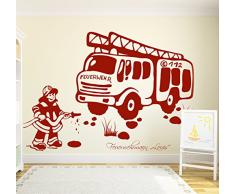 ilka parey wandtattoo-welt® Wandtattoo Wandaufkleber Feuerwehrmann mit Feuerwehrauto und Wunschnamen M1205 - ausgewählte Farbe: *Kirschrot* - ausgewählte Größe: *XL - 120cm breit x 95cm hoch*