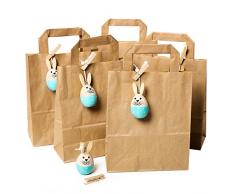 5 kleine braune Ostertüten 18 x 22 x 8 cm mit Holz Osterhase Osteranhänger in türkis blau Geschenktüten Verpackung zu Ostern für Kinder mit Osterdeko Aufhänger bio natürlich Papiertüten mit Deko