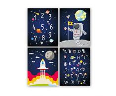 KAIRNE 4er Set Kinderzimmer Bilder | Weltraum Astronaut Rakete Planeten Deko Junge Poster Babyzimmer | Kinder Wandbilder | Wand Kunst Dekoration für Schlafzimmer kinderposter Babybilder