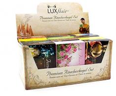 Luxflair Premium Räucherkegel/Räucherkerzen Mischung 12 x 20 Stück in der XXL Großpackung. Klassisch, blumig, fruchtig, weihnachtlich. Sparpack inklusive Kegelhalter.