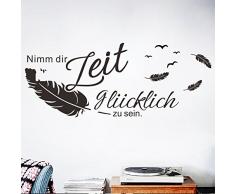 decalmile Wandtattoo Sprüche und Zitate Nimm Dir Zeit glücklich zu Sein Vögel Federn Wandsticker Schwarz Wandaufkleber Schlafzimmer Büro Wohnzimmer Wanddeko