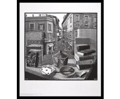 Germanposters MC Escher Poster Kunstdruck Bild Stilleben und Strasse im Alu Rahmen in schwarz 71x61cm