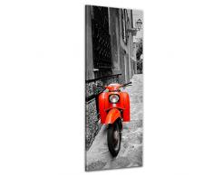 Bilderdepot24 Kunstdruck - Retro Roller - Bild auf Leinwand 30 x 90 cm - Leinwandbilder - Bilder als Leinwanddruck - Wandbild Motorisiert - schwarz weiß - Roter Motorroller