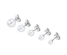 Cupimatch 5 Paare Ohrstecker Ohrringe Ohrhänger imitation Perlen Kugel Form Ohrschmuck Set Creolen 4-8mm für Damen Herren, Silber weiss