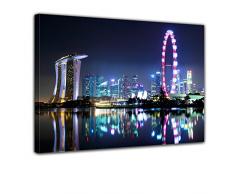 Wandbild - Singapur bei Nacht - Bild auf Leinwand - 80x60 cm - Leinwandbilder - Städte & Kulturen - Asien - Skyline - Hotel Marina Bay Sands - Singapore Flyer - Riesenrad