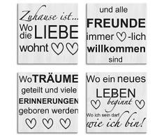 Artland Leinwandbilder auf Holz Wandbild Bild Set 4 teilig je 20x20 cm Quadratisch Bilder mit Sprüchen Schrift Kunst Spruch Grau Liebe J4WJ