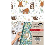 Geschenkpapier-Set für Kinder: Faultier: 4x Einzelbögen + 4x Geschenkanhänger