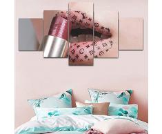 WMWSH Art 5 Panel Wand-Kunst Malen Fashion Make-Up Lippenstift Vlies Leinwandbild Bilder Druck Auf Leinwand Das Bild Decor Öl Für Home Moderne Dekoration Print Für Badezimmer